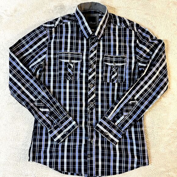 7 Diamonds Midnight Love Affair Button Down Navy Blue Plaid Men's Slim M Shirt - Picture 11 of 16